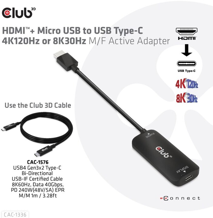 Club3D Adaptér HDMI + Micro USB na USB-C 4K120Hz/8K30Hz, Active Adapter M/F_2057074835