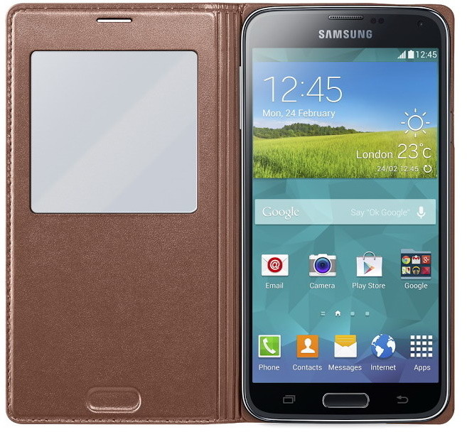 Samsung flipové pouzdro S-View EF-CG900B pro Galaxy S5, zlatá_1586615105