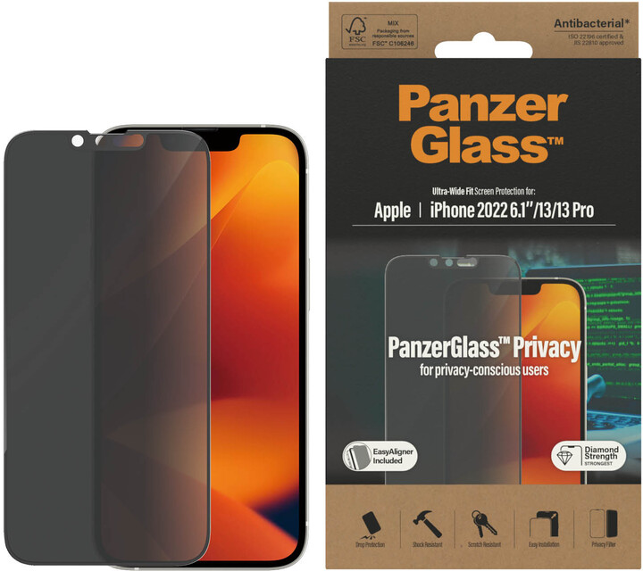 PanzerGlass ochranné sklo Privacy pro Apple iPhone 14/13/13 Pro s instalačním rámečkem_2038545424