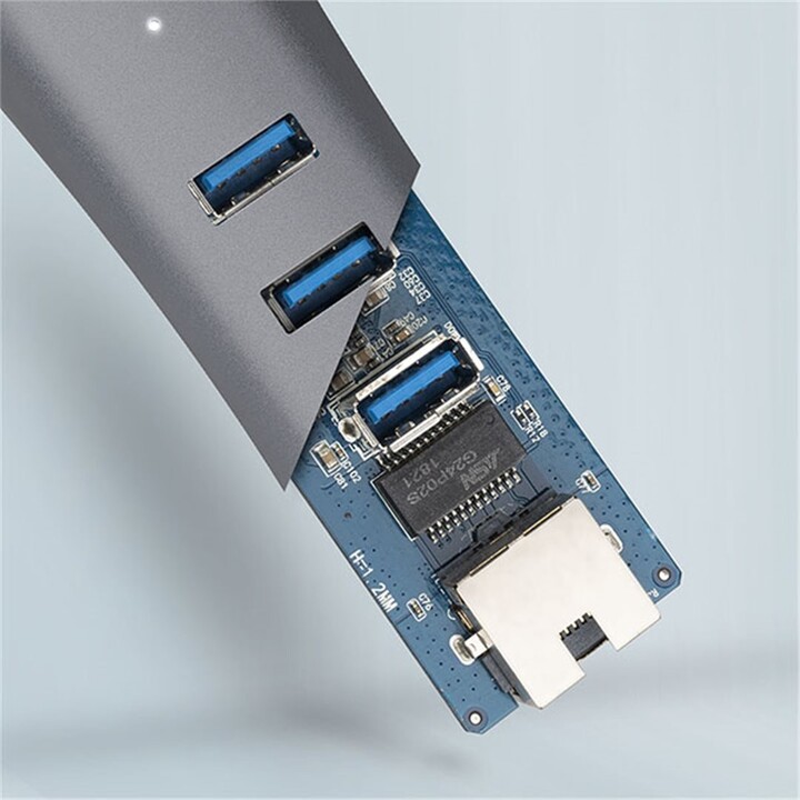 AXAGON HMA-GL3AP, USB 3.2 Gen 1 hub, porty 3x USB-A + Gigabit Ethernet, kovový, micro USB nap. konek_1513613686