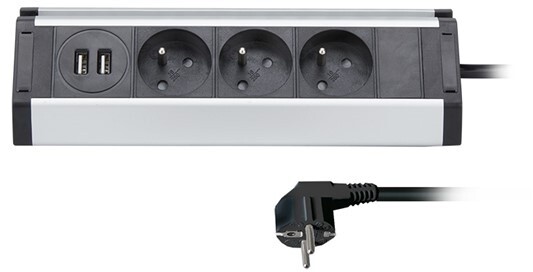 Solight prodlužovací přívod, 3 zásuvky + 2X USB, 1,5m, 3 x 1mm2, hliník, rohový design