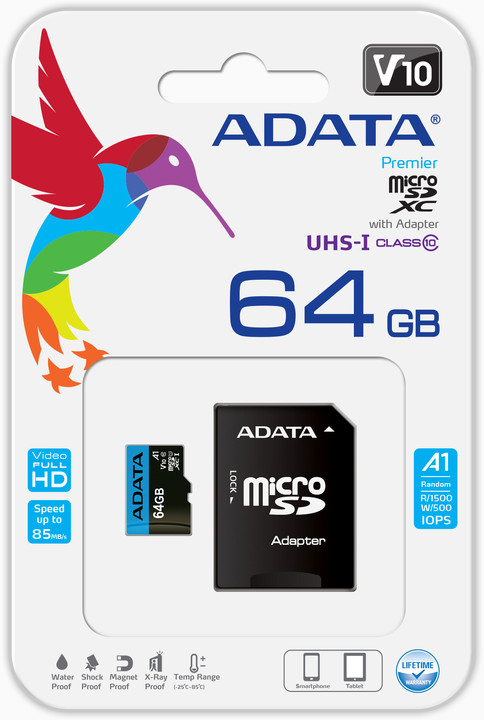ADATA Micro SDXC Premier 64GB 85MB/s UHS-I A1 + SD adaptér