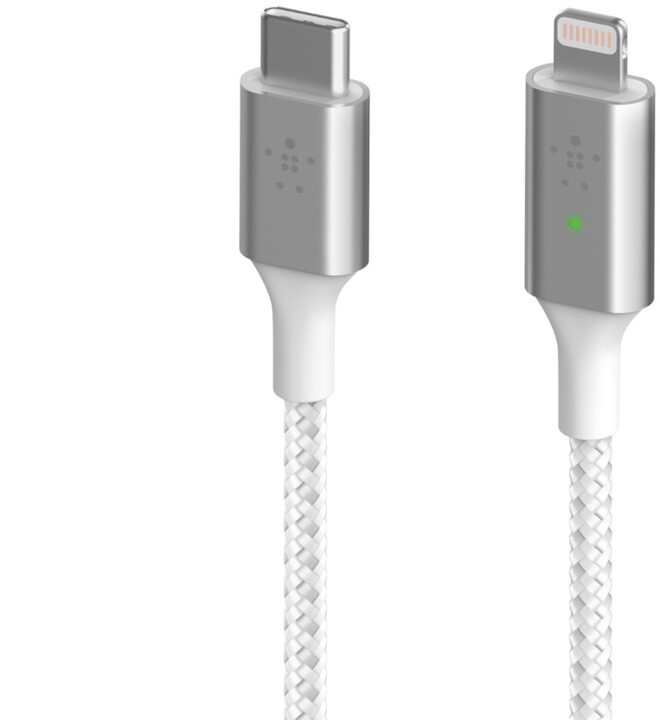 Belkin kabel USB-C - Lightning, M/M, MFi, Smart LED, opletený, 1.2m, bílá_764067445