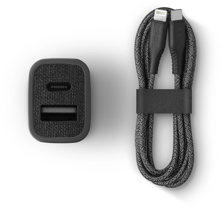 UNIQ nabíječka do auta Votra Duo Kit, PD, 18W, černá + USB-C - Lightning kabel_466701521