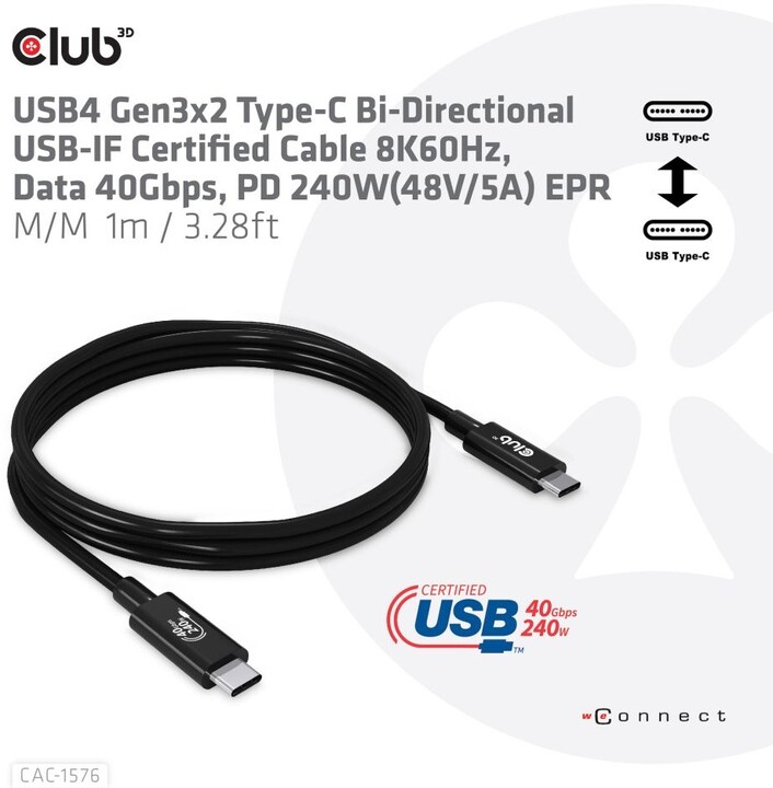 Club3D kabel USB-C, Data 40Gbps, PD 240W(48V/5A) EPR, M/M, 1m_1282704888