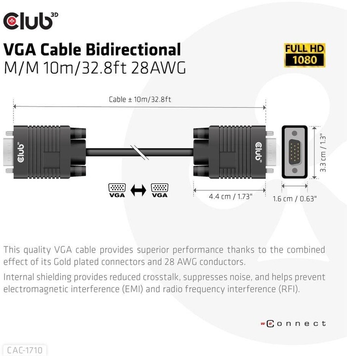 Club3D kabel VGA, M/M, 28AWG, 10m_408390538