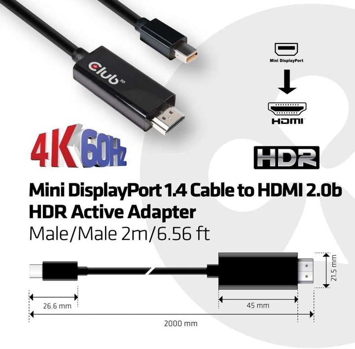 Club3D kabel mini DisplayPort 1.4 na HDMI 2.0b (M/M), 2m, aktivní_1576355857