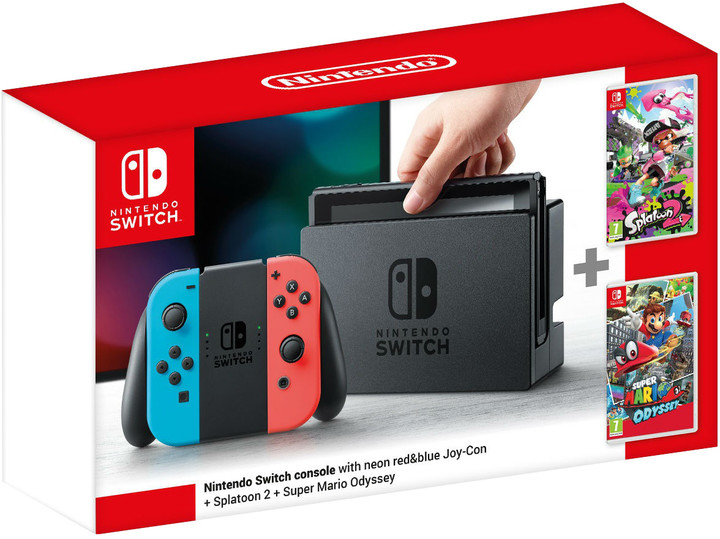 Nintendo Switch, červená/modrá + Splatoon 2 + Super Mario Odyssey_1240467395