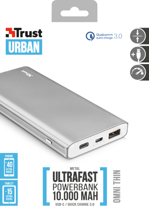 Trust Omni Thin metal PowerBank USB-C QC3 10000 mAh, stříbrná_1408123084