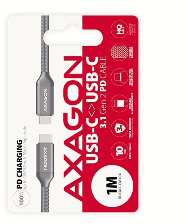 AXAGON PD 100W kabel USB-C - USB-C 3.2 Gen 2, 1m, 5A, oplet, šedý_79770914