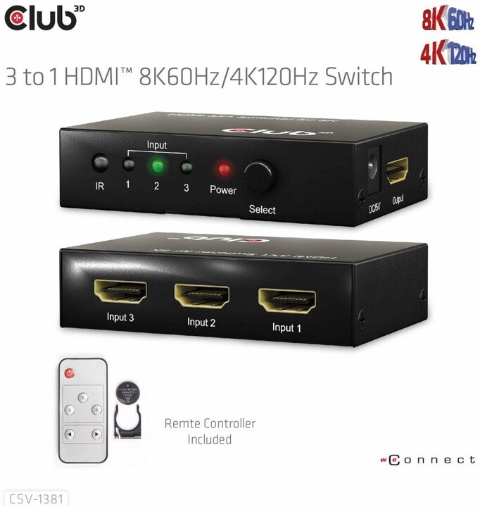 Club-3D HDMI switch 1:3, 8K@60Hz/4K@120Hz_1148166251