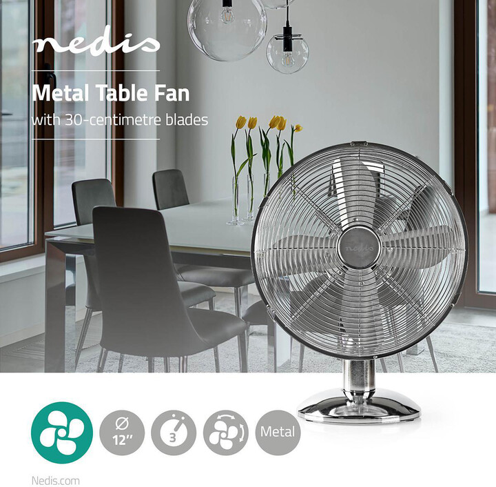 NEDIS stolní ventilátor, 30cm, 35W, rotace, 3 rychlosti, chromová_752932645