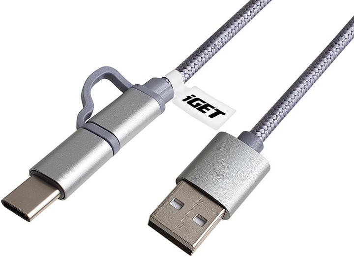 iGET G2V1 USB kabel 2v1, 1m, stříbrný, microUSB i USB-C, prodloužené koncovky_248131390