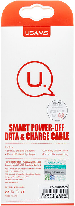 USAMS SJ418 Smart power off datový kabel Lightning, červená (EU Blister)_869625822