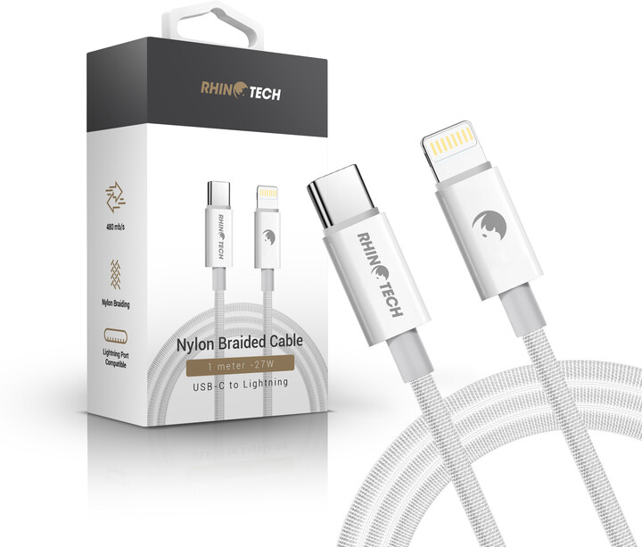 RhinoTech kabel USB-C - Lightning, 27W, 1m, opletený, bílá_1804337203
