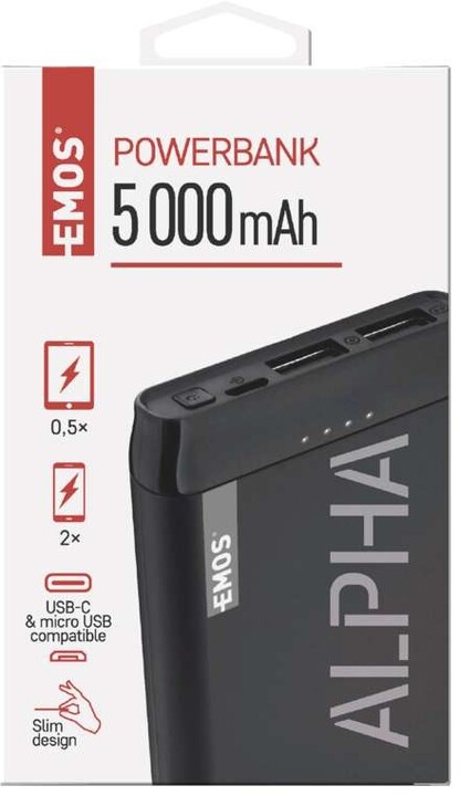 Emos Alpha 5 powerbanka, 5000 mAh + kabel USB-C, černá_8949972