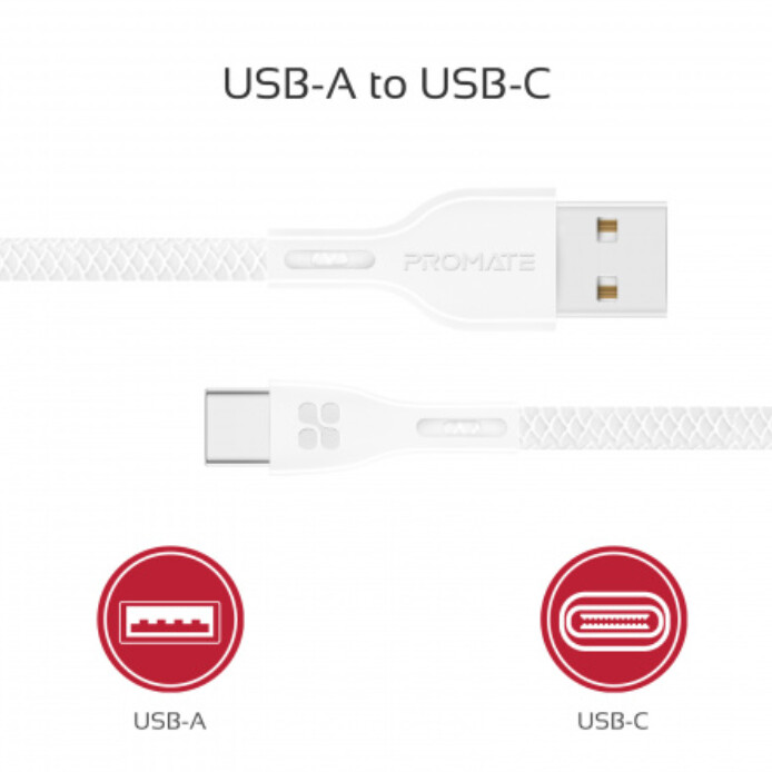 Promate kabel PowerBeam-C USB-C - USB-A, 2A, opletený, 1.2m, bílá