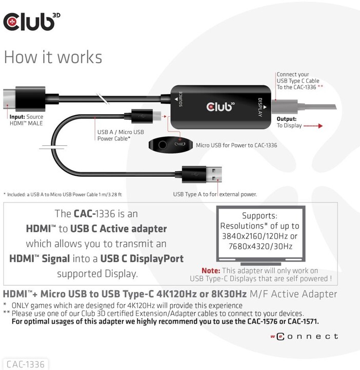 Club3D Adaptér HDMI + Micro USB na USB-C 4K120Hz/8K30Hz, Active Adapter M/F_508093479