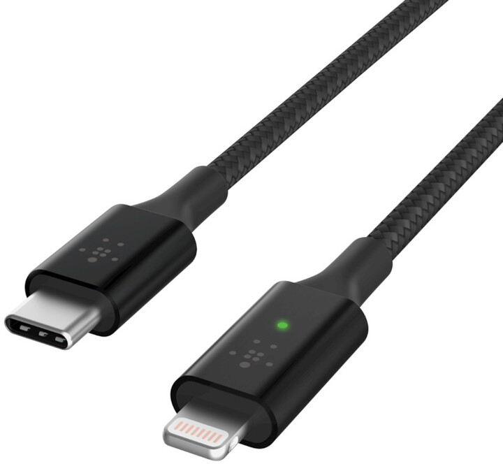Belkin kabel USB-C - Lightning, M/M, MFi, Smart LED, opletený, 1.2m, černá_665916089