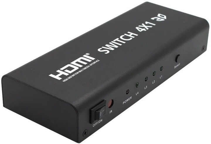 PremiumCord HDMI switch 4:1 kovový s dálkovým ovladačem a napájecím adaptérem_1943035058