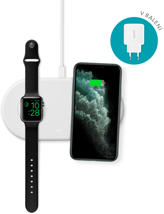 EPICO bezdrátová nabíječka pro Apple Watch a iPhone s adaptérem v balení, bílá_703255124