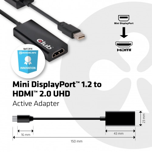 Club3D Mini DisplayPort 1.2 na HDMI 2.0, podpora 4K/60Hz, aktivní adaptér, 15cm_2048145288
