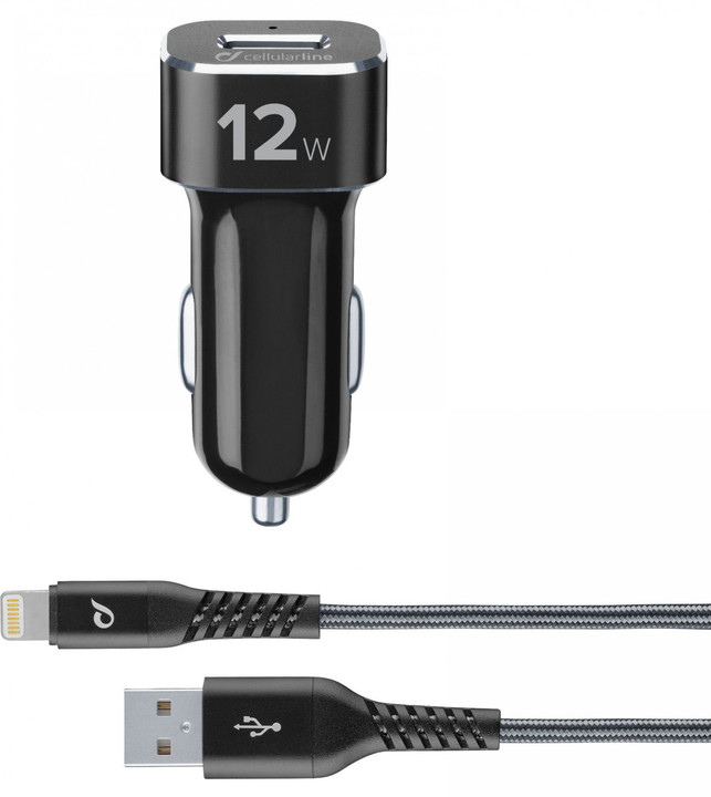 Cellularline Tetra Force Set USB autonabíječky a Lightning kabelu 12W, MFI certifikace, černá_1594339137