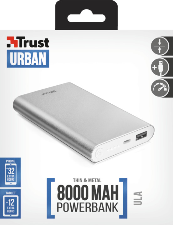 Trust Ula Thin Metal PowerBank 8000 mAh, stříbrná_928756119