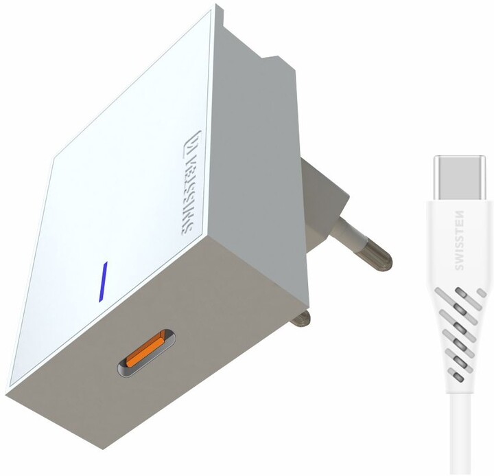 SWISSTEN síťový adaptér technologií Super Fast Charging, 25W, bílá + USB-C, M/M, 1.2m, bílá_747257898