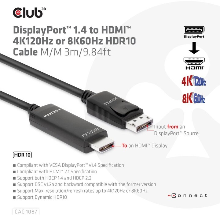 Club3D kabel DP 1.4 na HDMI, 4K120Hz nebo 8K60Hz HDR10, M/M, 3m_79116761