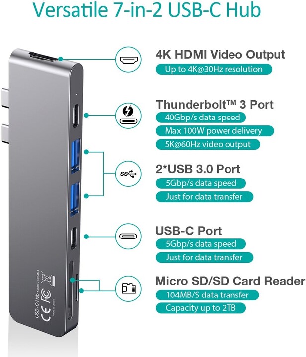 Choetech multifunkční HUB HUB-M14, USB-C, 2x USB-A 3.0, HDMI 4K, PD 100W, čtečka karet_2009600475