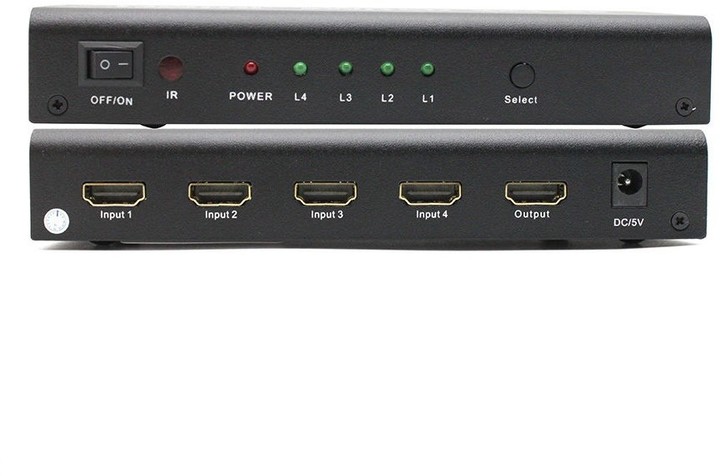 PremiumCord HDMI switch 4:1 kovový s dálkovým ovladačem a napájecím adaptérem_547760969