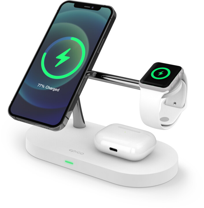 EPICO 3in1 bezdrátová nabíječka s podporou uchycení MagSafe pro iPhone, AirPods a Apple Watch s adaptérem v balení, bílá