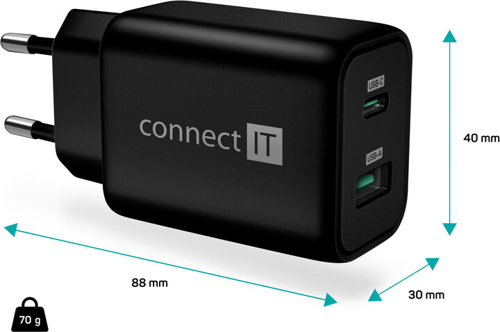 CONNECT IT síťový adaptér GaN Wanderer2, USB-C, USB-A, PD 33W, černá_1157660710
