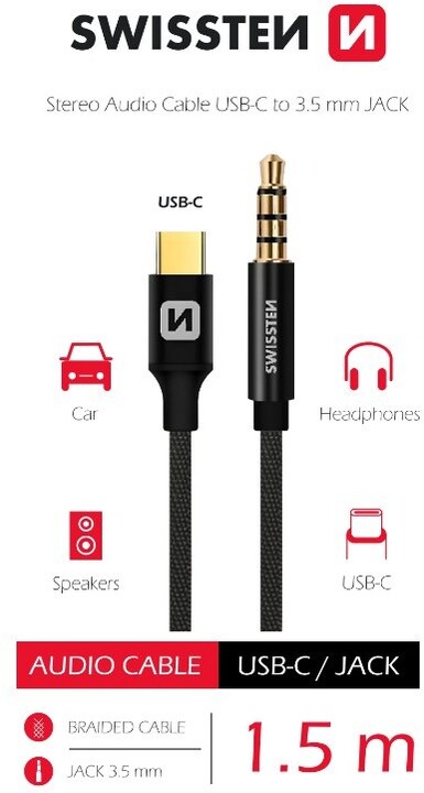 SWISSTEN audio adaptér USB-C - jack 3.5mm, 1.5m, černá_394564873