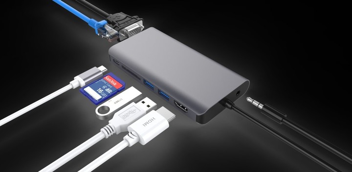 PremiumCord převodník USB3.1 typ C na HDMI+VGA+RJ45+2xUSB3.0+SD card +3,5mm+PD charge_1055526806