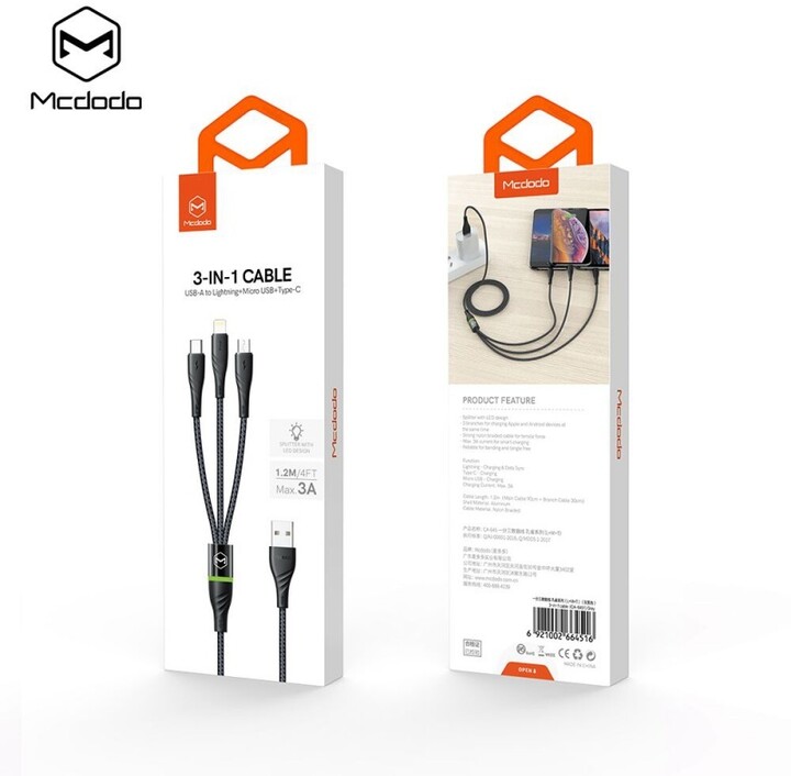 Mcdodo Peacock 3v1 Lightning + Micro USB + Type-C kabel s LED 1.2m, šedá