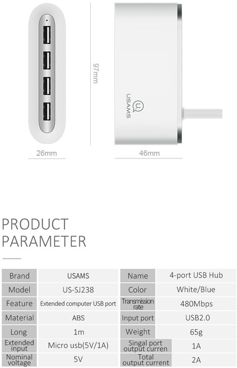 USAMS SJ238 4 Ports USB Hub (EU Blister), bílá_1089496478