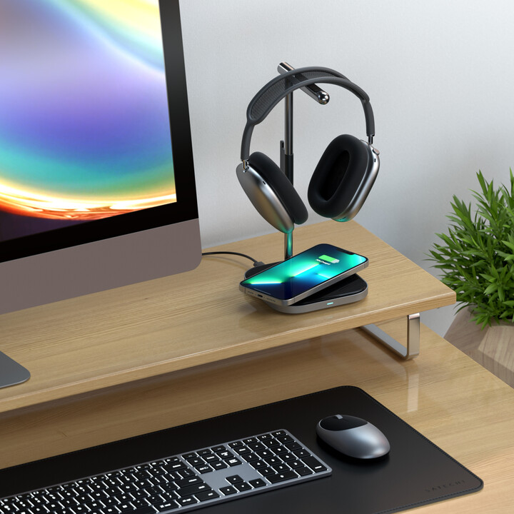 Satechi 2-IN-1 Headphone Stand with Wireless Charger USB-C, šedá_1435894259