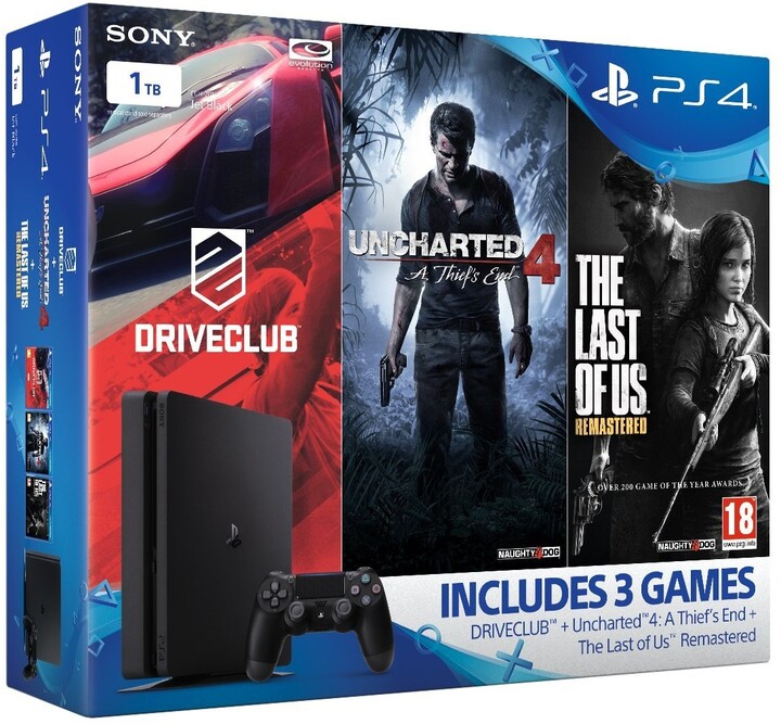 PlayStation 4 Slim, 1TB, černá + Uncharted 4 + DRIVECLUB + The Last of Us_486254614