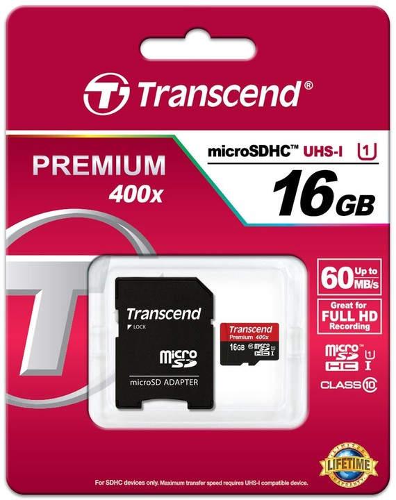 Transcend Micro SDHC Premium 400x 16GB 60MB/s UHS-I + SD adaptér_36546710