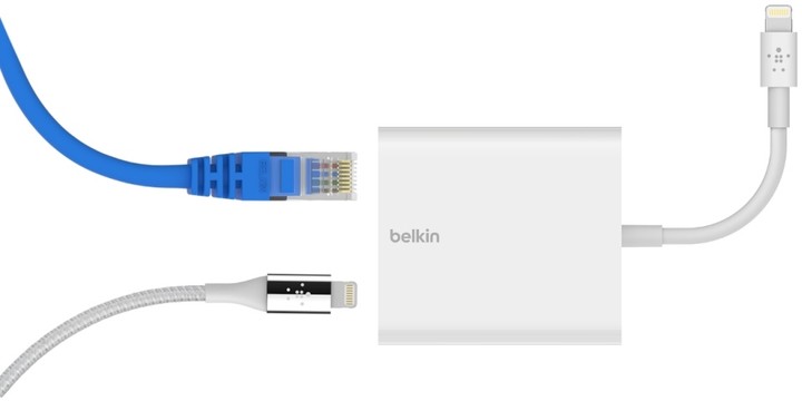 Belkin Lightning adaptér/rozdvojka 1x Lightning M/ 1x Lightning F + Ethernet RJ45_1428436091