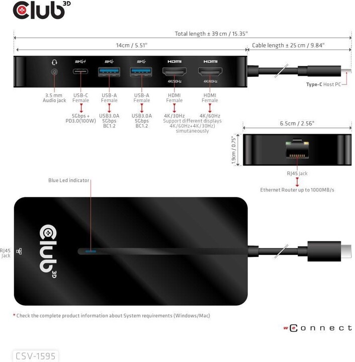 Club3D HUB USB-C 7v1, 2x HDMI, 2x USB-A Gen1, RJ45, 3.5mm jack, SD, PD 100W_1922504416
