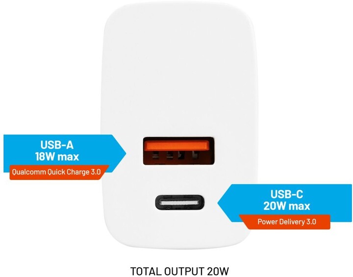 FIXED síťová nabíječka, USB-A, USB-C, PD &amp; QC, 20W, bílá_1532475800