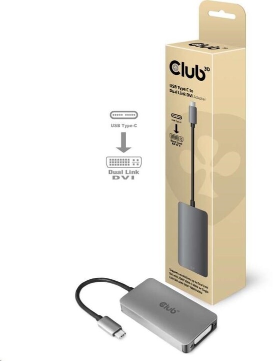 Club3D adaptér USB-C 3.2 Gen1 - DVI-D (Dual Link), M/F, aktivní, HDCP ON, 24.5cm, stříbrná_459770839