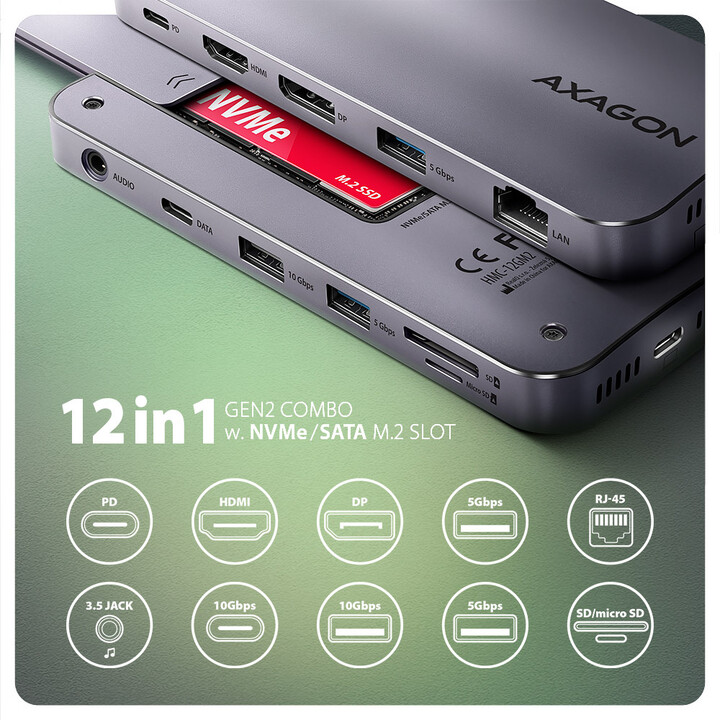 AXAGON dokovací stanice HMC-12GM2, 3xUSB-A, USB-C, HDMI, DP, RJ45, SD/microSD, M.2 slot,,PD 100W,_1016182198