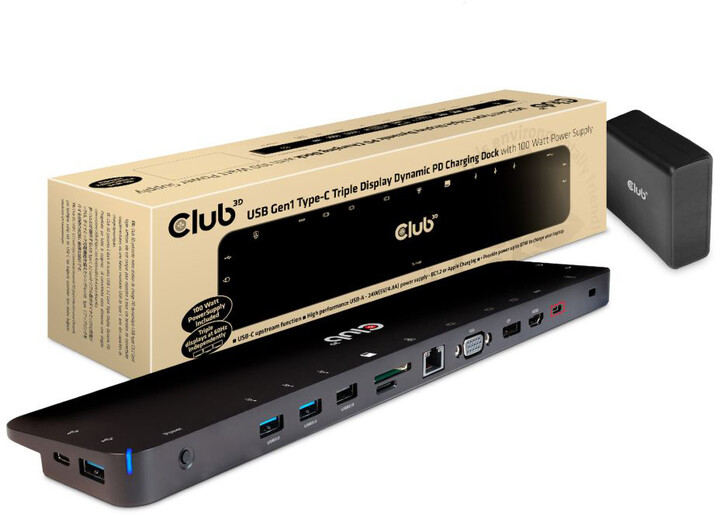 Club3D dokovací stanice USB-C 3.2 s napájecím adaptérem Triple Dynamic PD, 100 W_1815815045