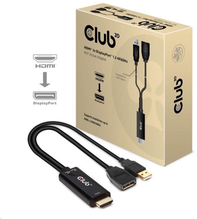 Club3D adaptér HDMI - DisplayPort 1.2, M/F, 4K@60Hz, aktivní, 25cm, černá_73222741