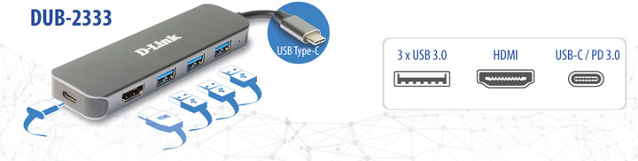 D-Link DUB-2333, USB-C Hub, 3x USB 3.0, USB-C, HDMI 1.4_1930289145