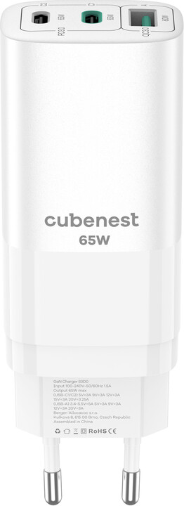 Cubenest síťová nabíječka S3D0, PD, GaN, 65W, 2x USB-C, 1x USB-A, bílá_1622321639